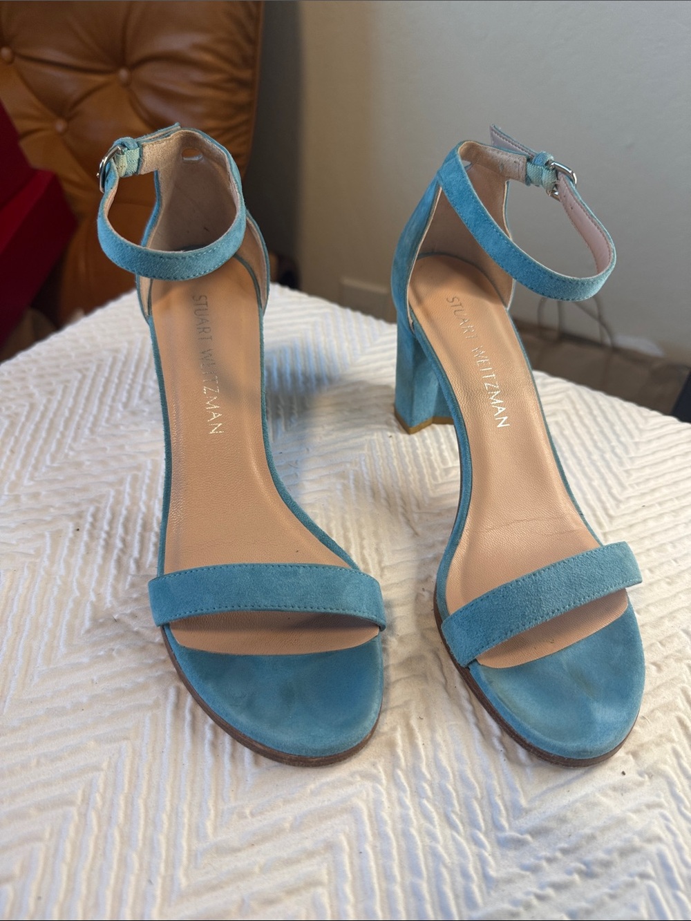 Stuart Weitzman Blue Suede Ankle-Strap Block Heels